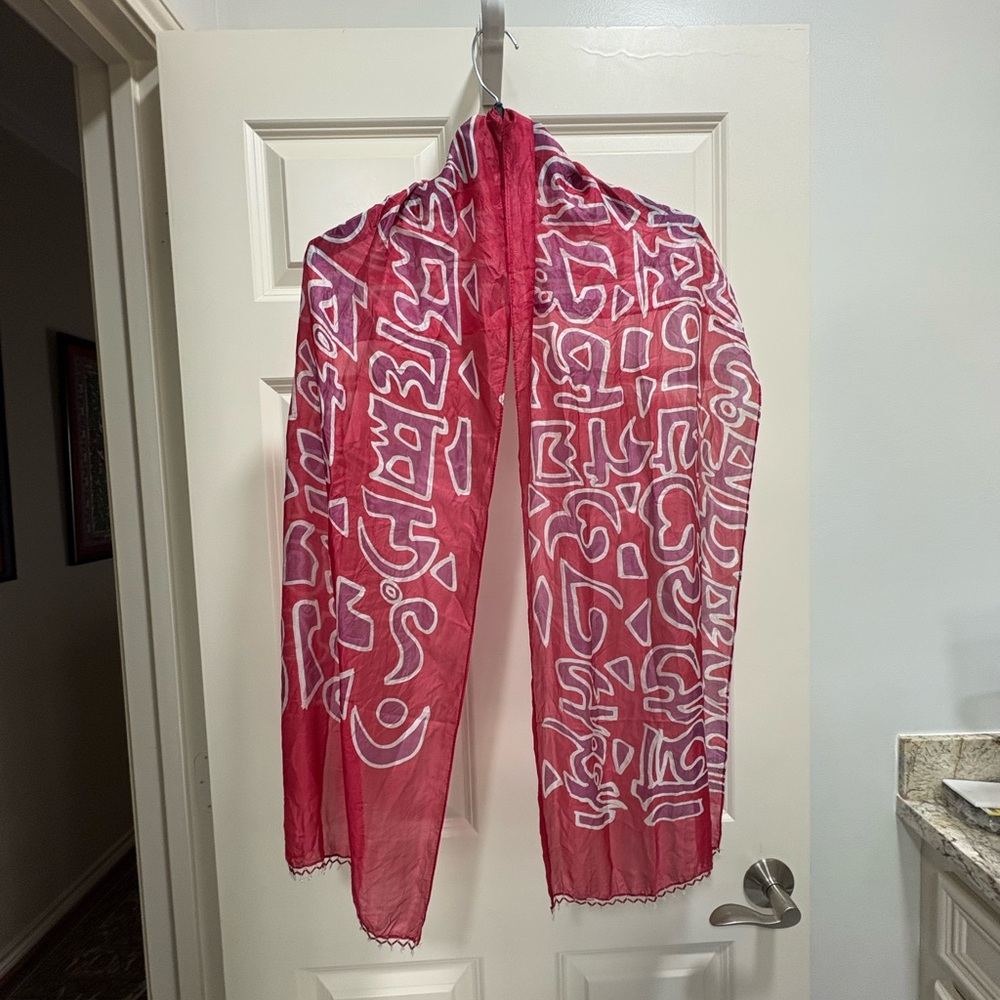 Red and White Patterned Silk Scarf